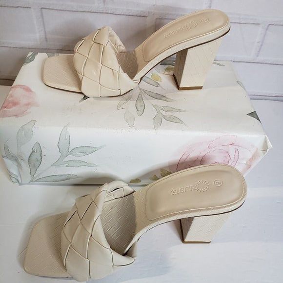 NEW Rilista Neutral Cream Braided Square Toe Heeled Sandals womens 8 Block Heel - Picture 3 of 8